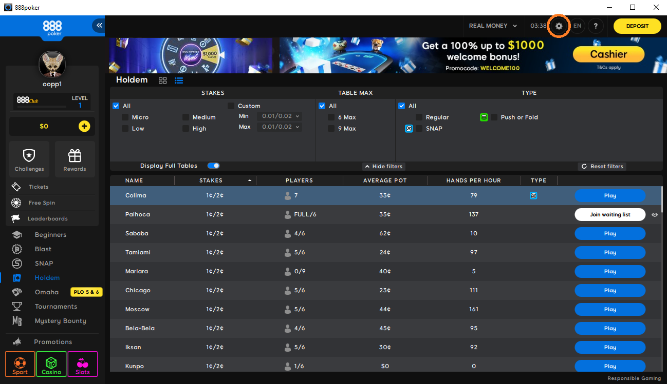 888Poker Settings